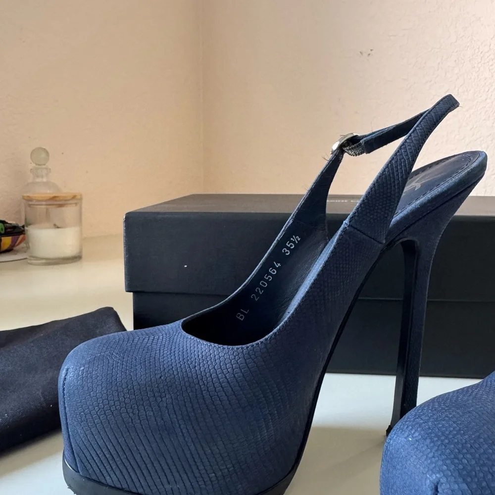 Saint Laurent Navy Blue Suede Tribtoo Slingback Heels 105mm - Picture 11 of 15